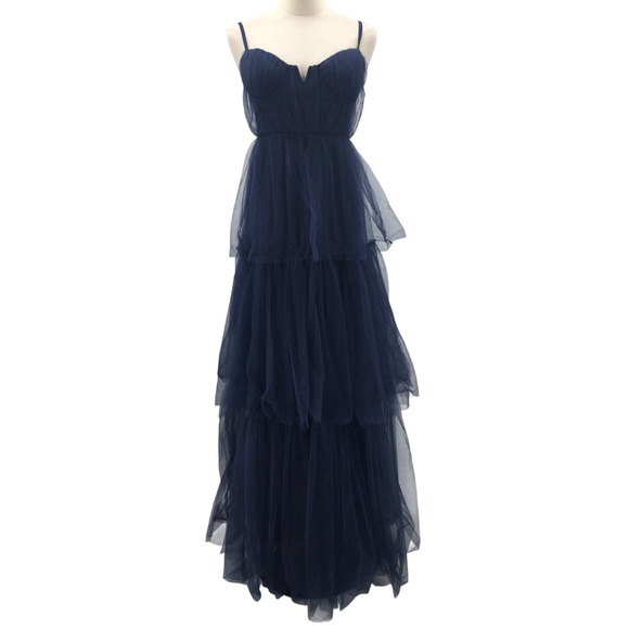 LULU'S XS Unforgettable Poise Navy Blue Tulle Bustier Tiered Maxi Dress NEW B68 - Picture 3 of 9